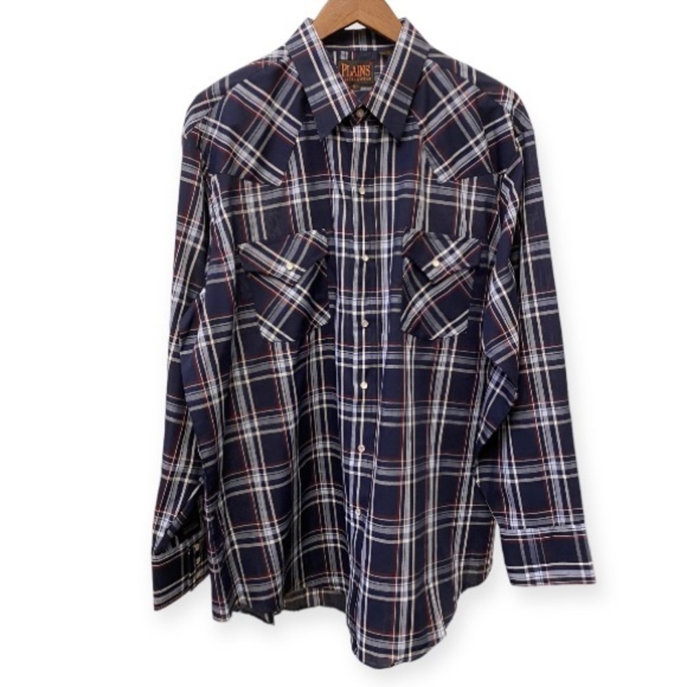 Plains Western NWT XL Long Sleeve Shirt Blue Plaid Pearl Snap Buttons New W/Tag